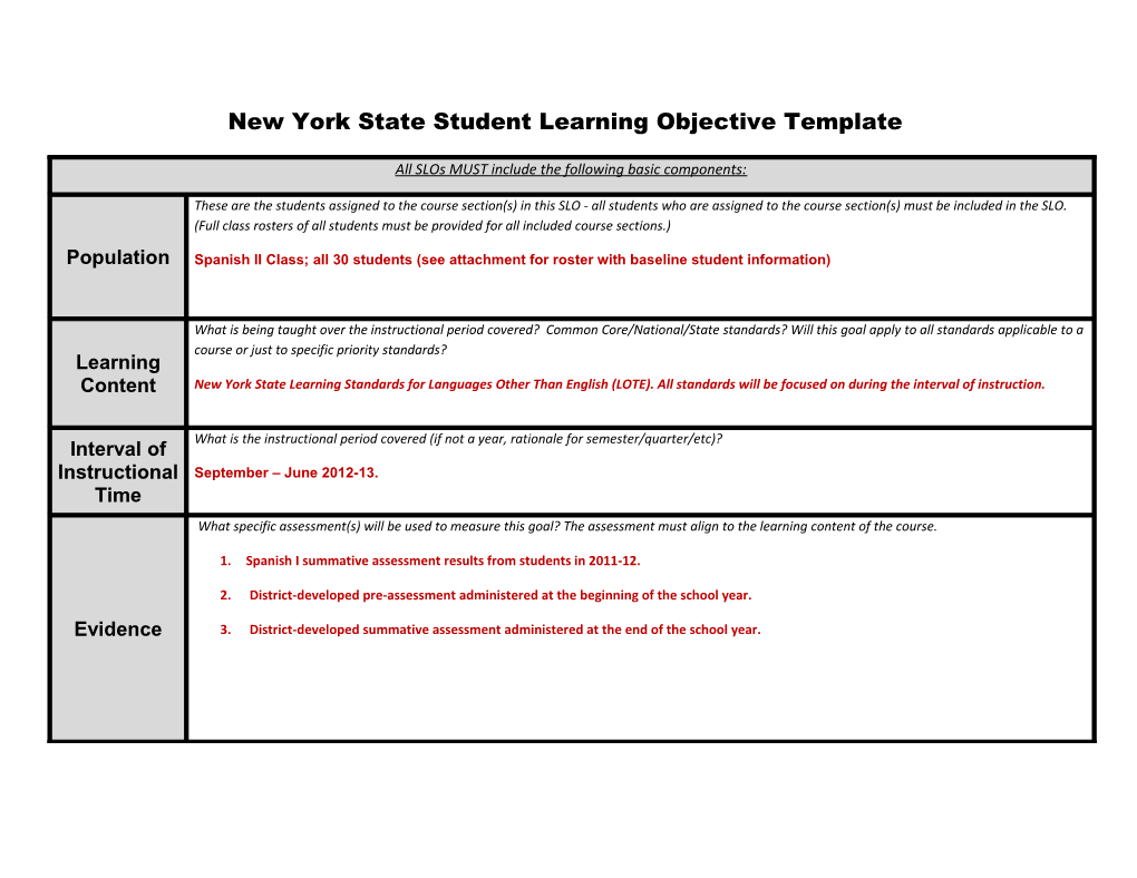 New York State Student Learning Objective Template - Spanish Example