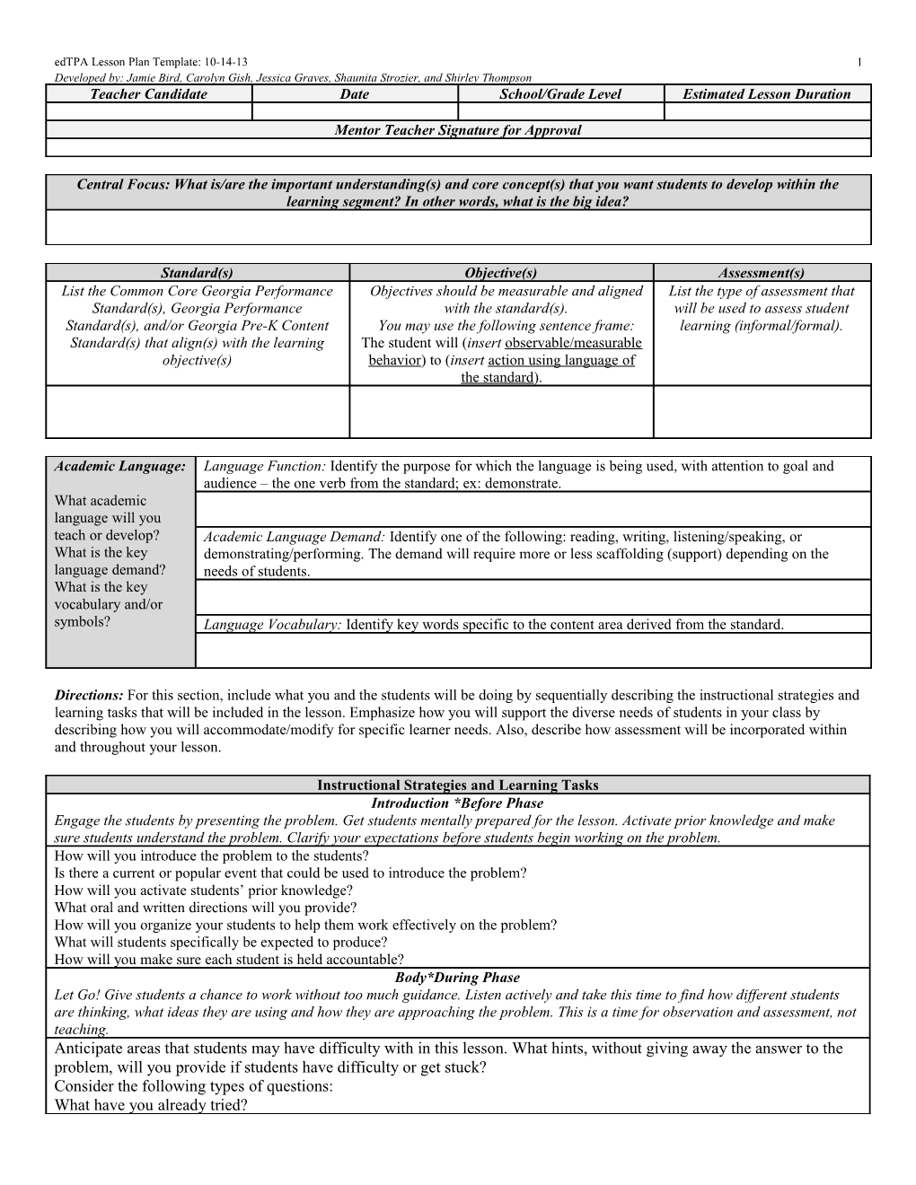 Edtpa Lesson Plan Template: 10-14-13 Developed By: Jamie Bird, Carolyn Gish, Jessica Graves