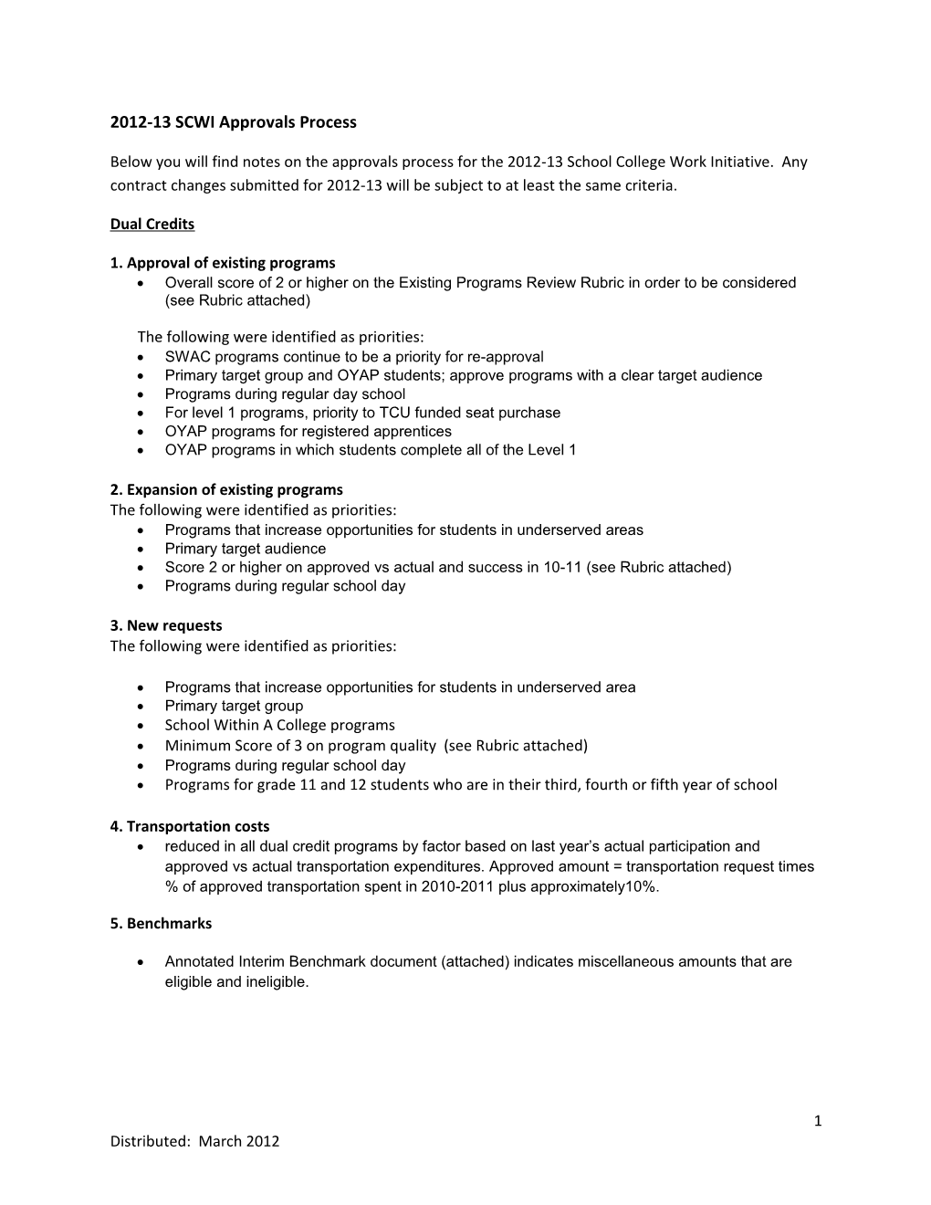 2012-13 SCWI Approvals Process