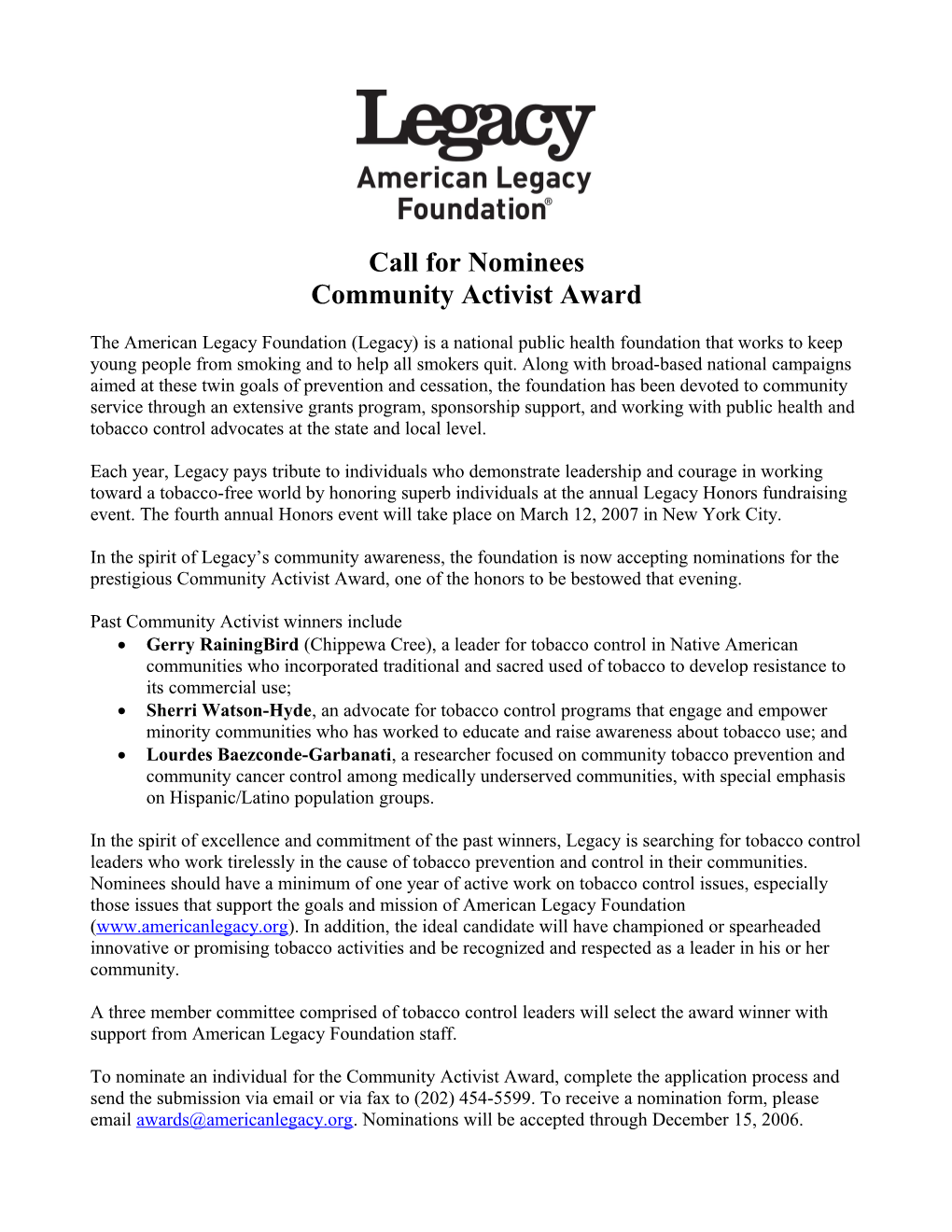 American Legacy Foundation S Call for Nominees Community Activist Award