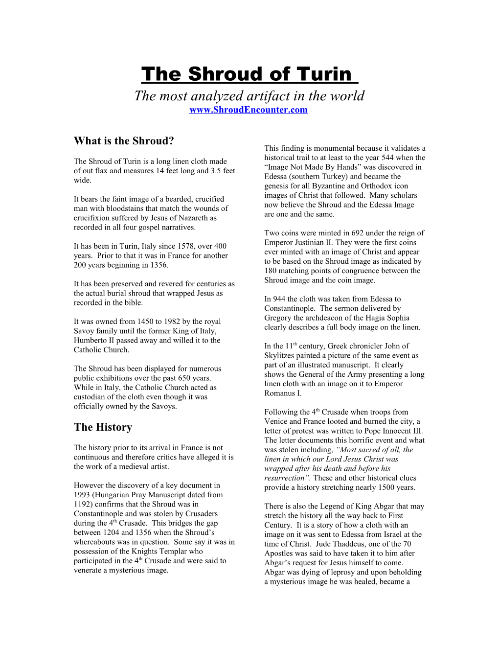 The Shroud of Turin: Summary of Facts