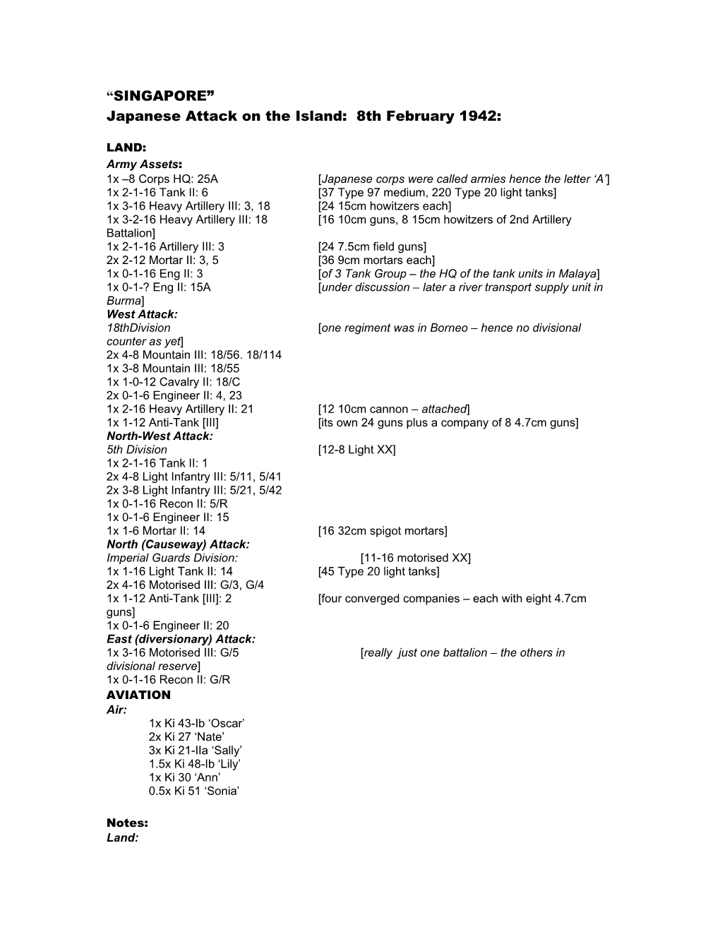 Japanese Order of Battle: 8Th February 1942: SINGAPORE