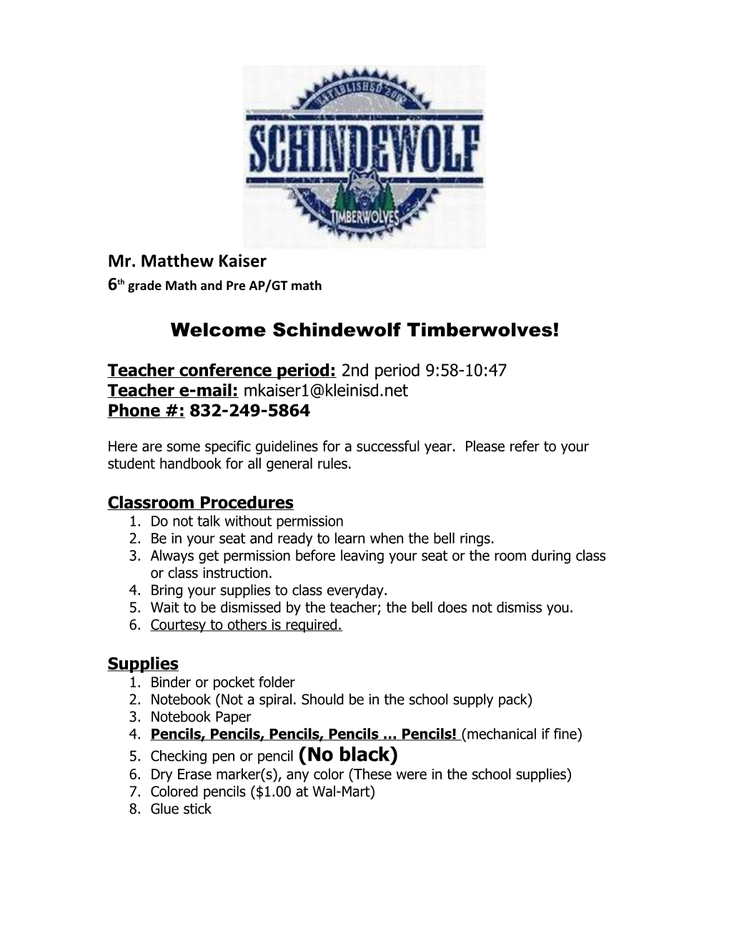 Welcome Schindewolf Timberwolves