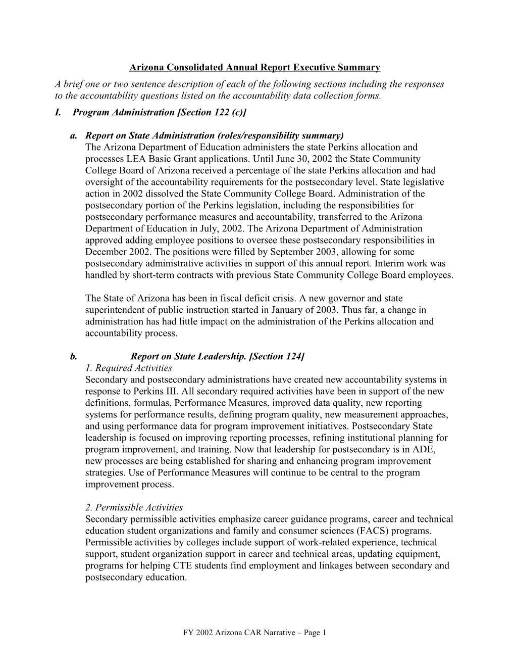 Arizona Consolidated Annual Report Executive Summary