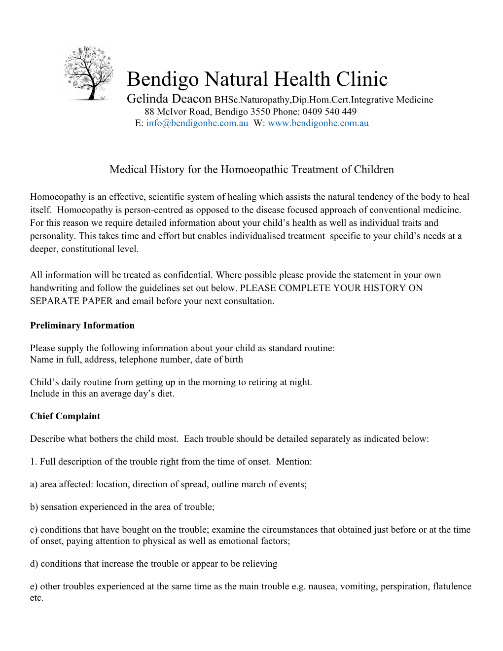 Medical History for the Homoeopathic Treatment of Children