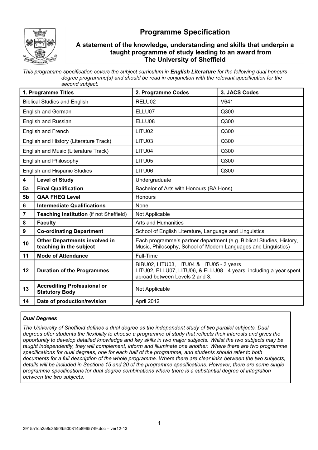 Background to the Programmes and Subject Area