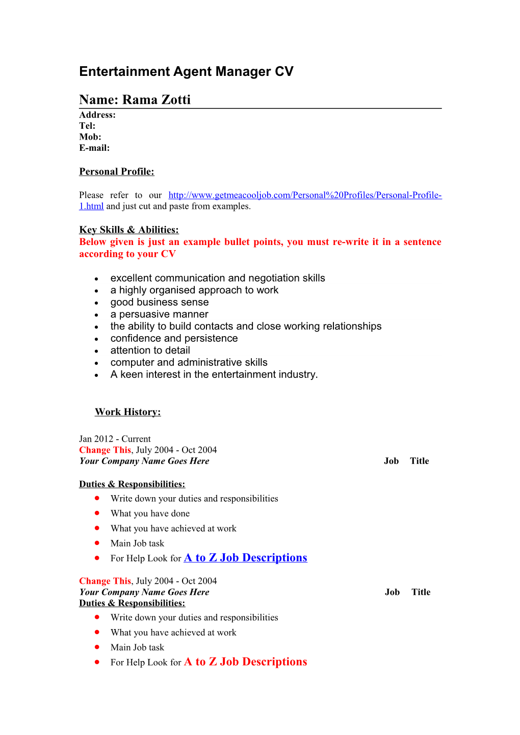 Entertainment Agent/ Manager Job Descriptions