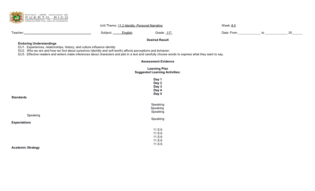 Unit Theme: 11.2 Identity -Personal Narrative Week:# 5