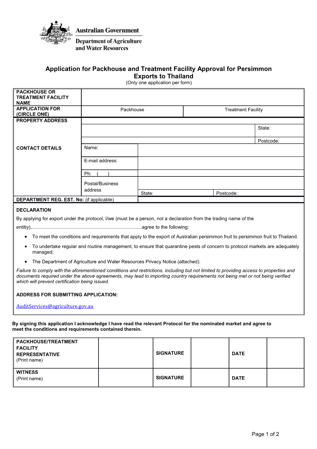 Application for Packhouse and Treatment Facility Approval for Persimmon Exports to Thailand