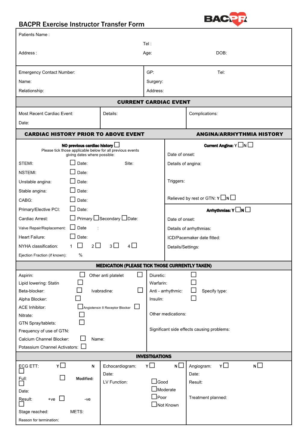 BACPR Exercise Instructor Transfer Form