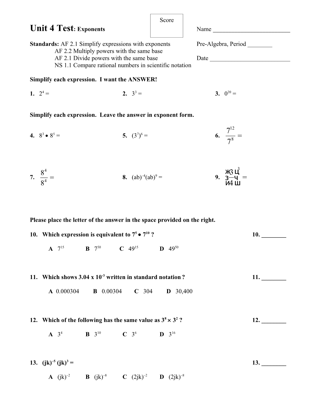 Assign # _____ - Using Exponents