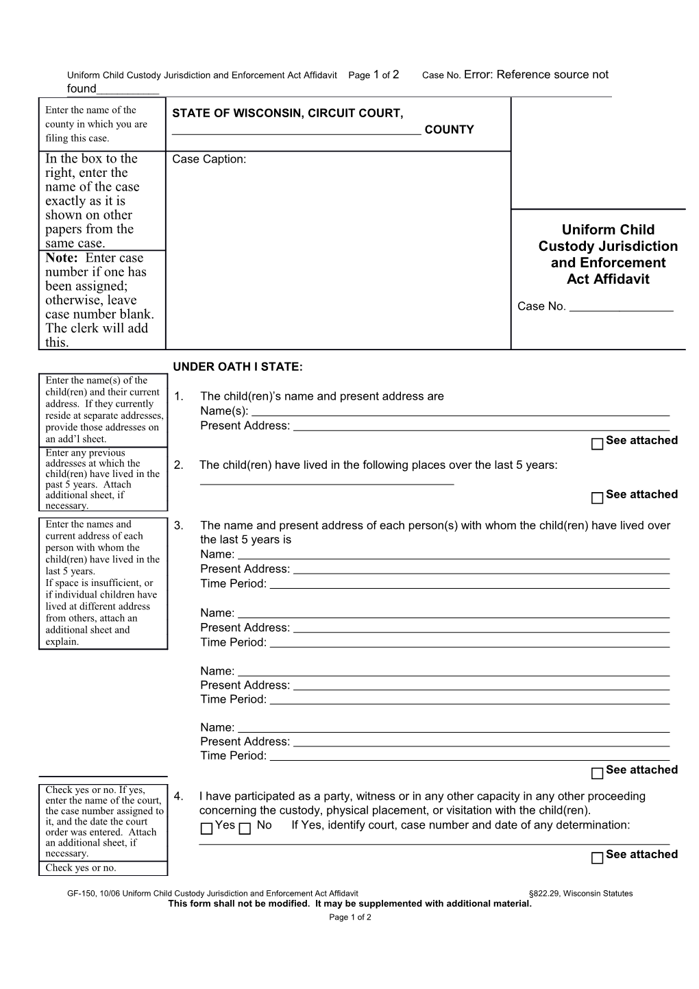 GF-150: Uniform Child Custody Jurisdiction and Enforcement Act Affidavit