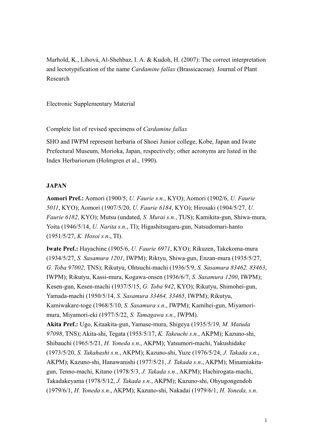 Complete List of Revised Specimens of Cardamine Fallax