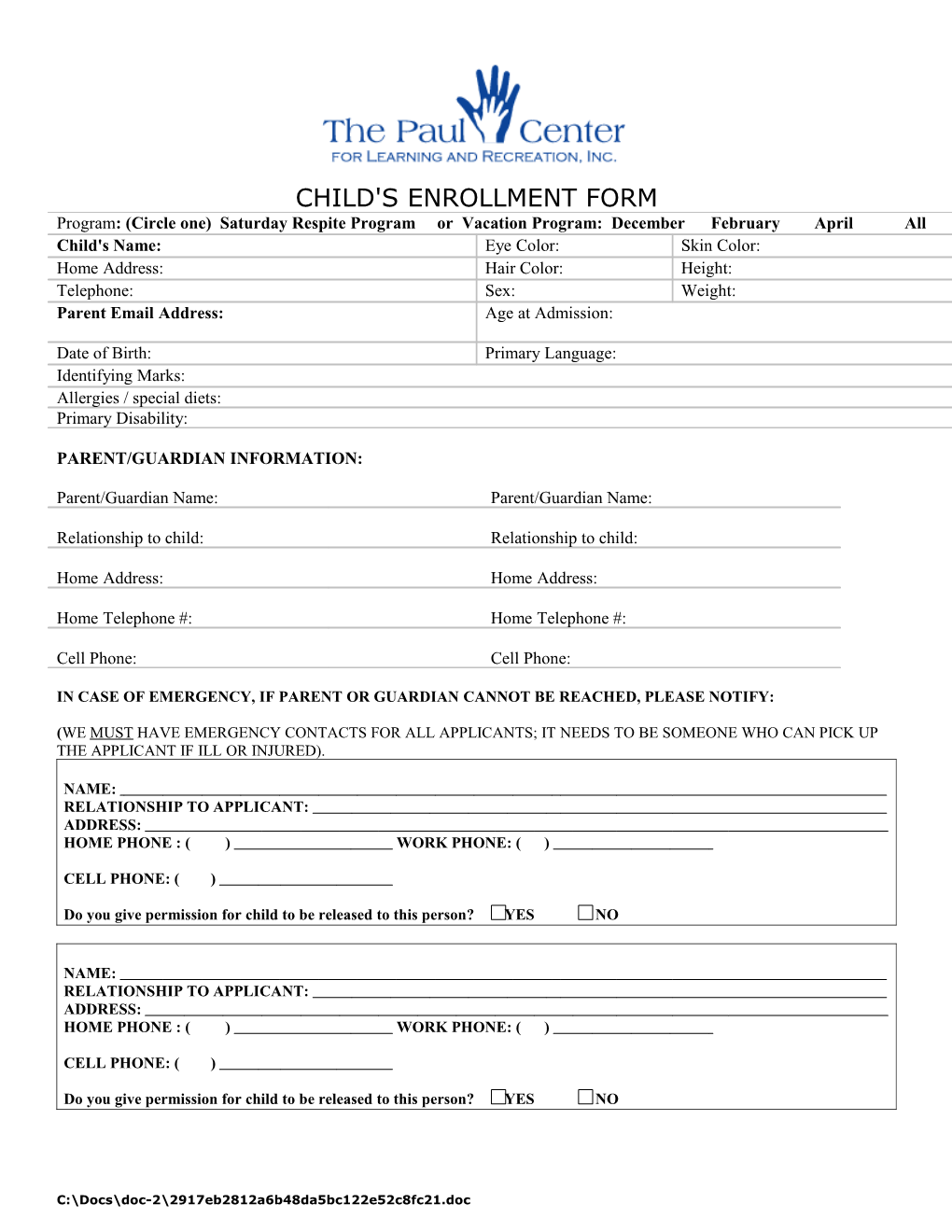 Child's Enrollment Form