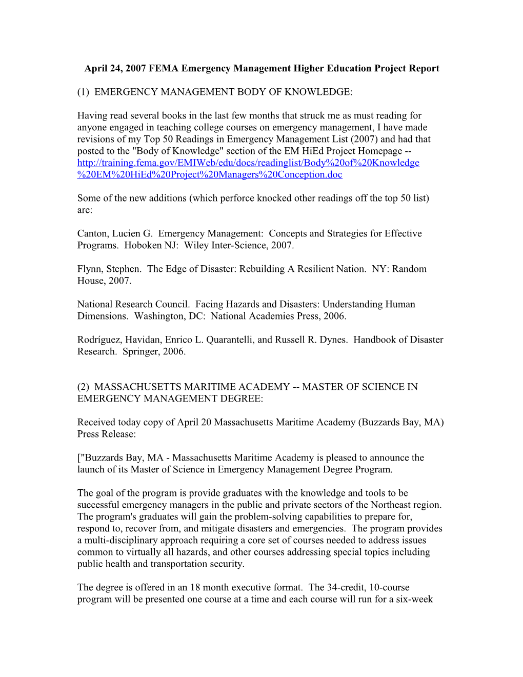 April 24, 2007 FEMA Emergency Management Higher Education Project Report