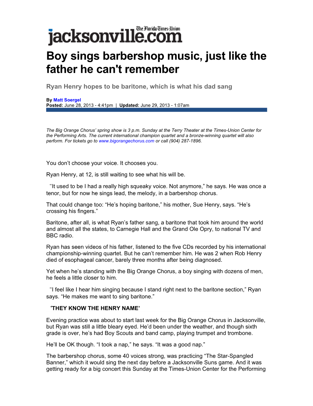 Boy Sings Barbershop Music, Just Like the Father He Can't Remember