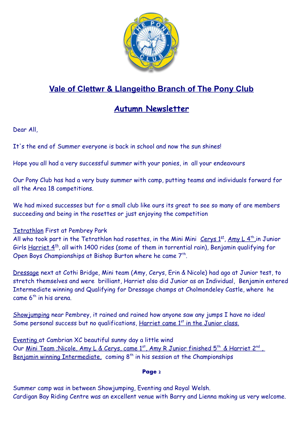 Vale of Clettwr & Llangeitho Branch of the Pony Club