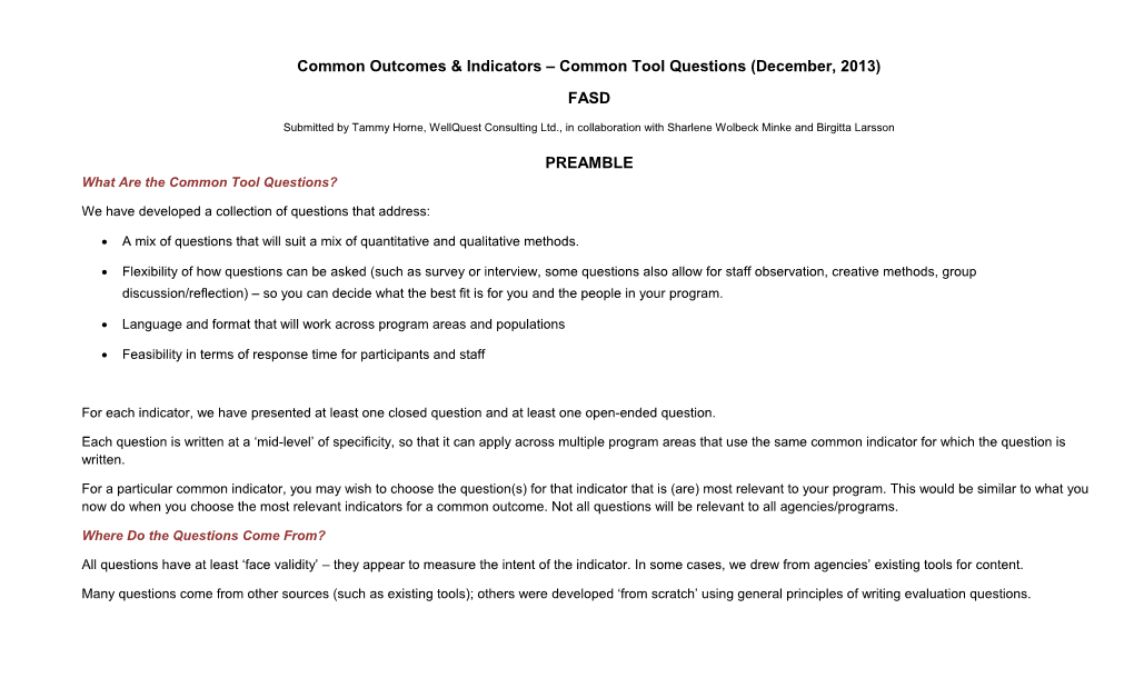 Common Outcomes & Indicators - Common Tool Questions (FASD)