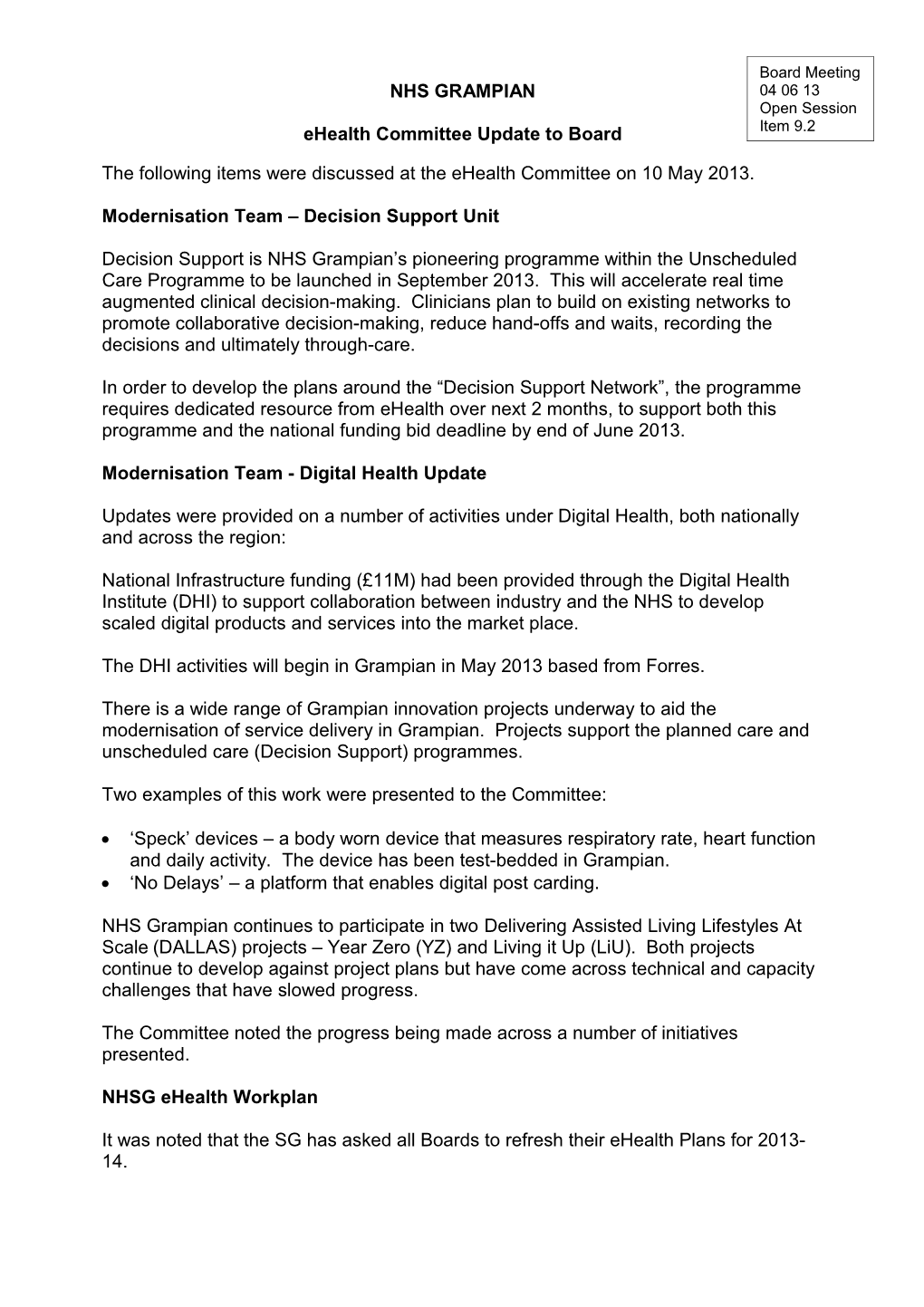 Item 9.2 for 4 June 2013 Ehealth Cttee Report