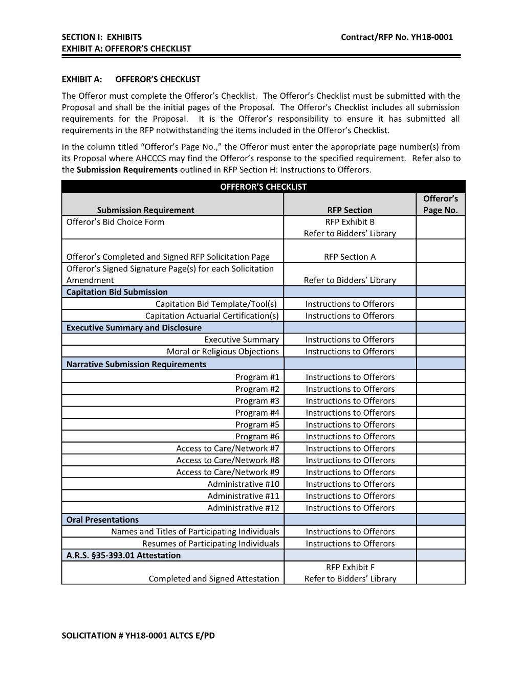 SECTION I: Exhibitscontract/RFP No. YH18-0001