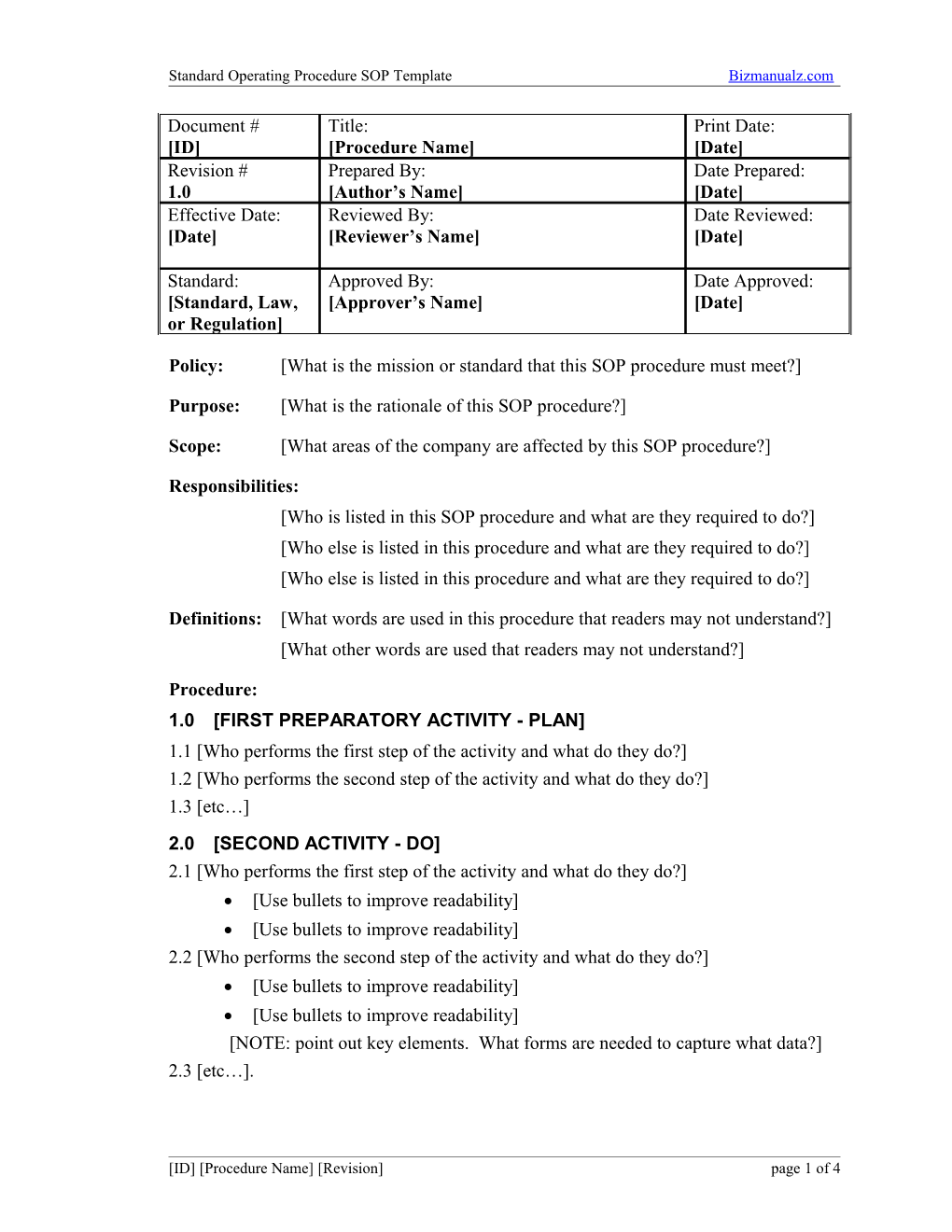 Standard Operating Procedure SOP Template Bizmanualz.Com