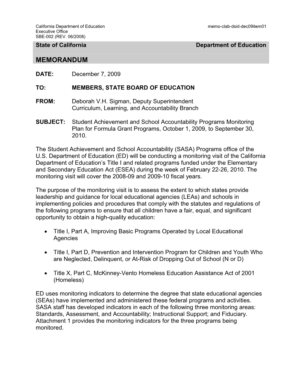 December 2009 CLAB Item 08 - Information Memorandum (CA State Board of Education)