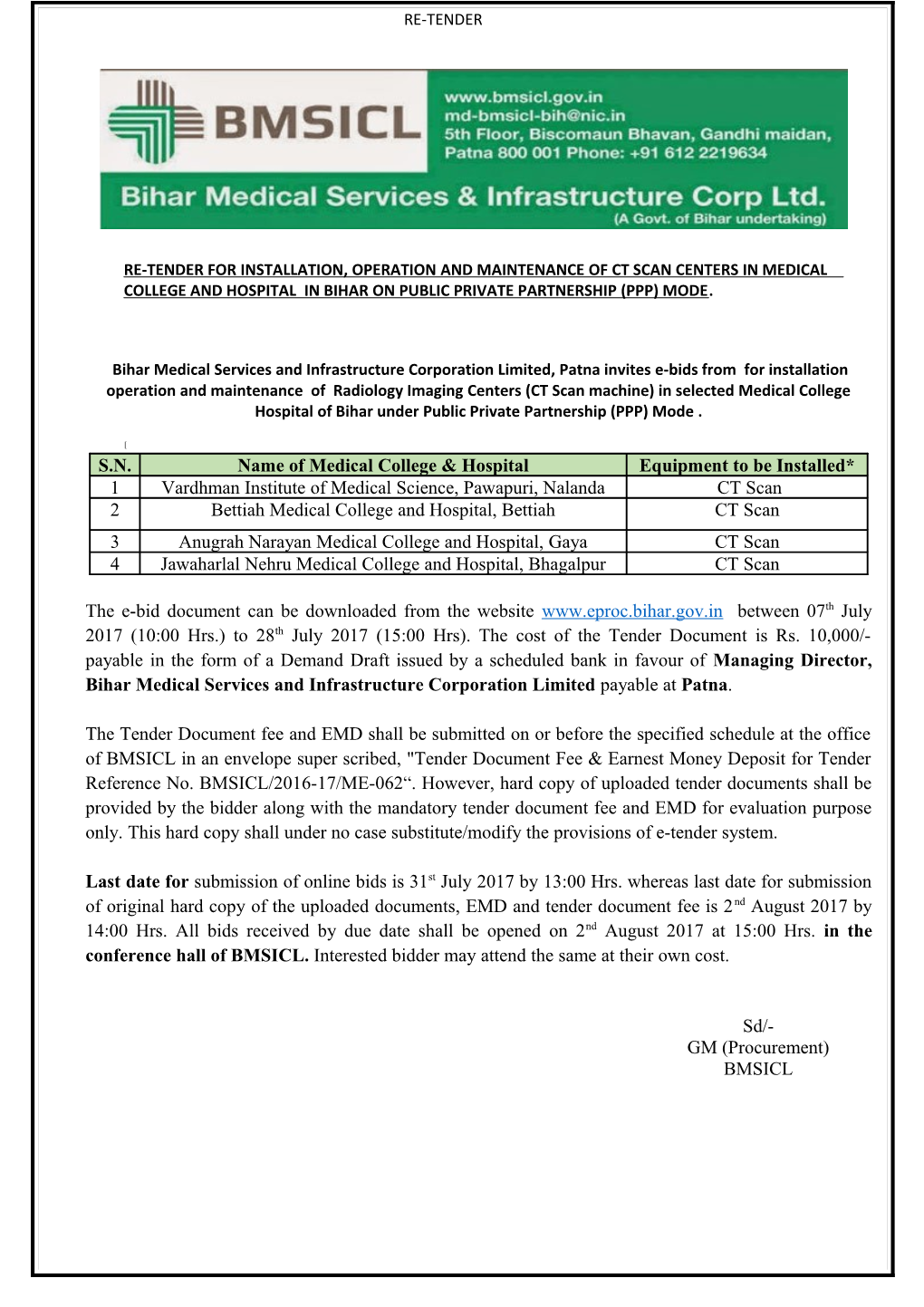 Re-Tender for Installation, Operation and Maintenance of Ct Scan Centers in Medical College