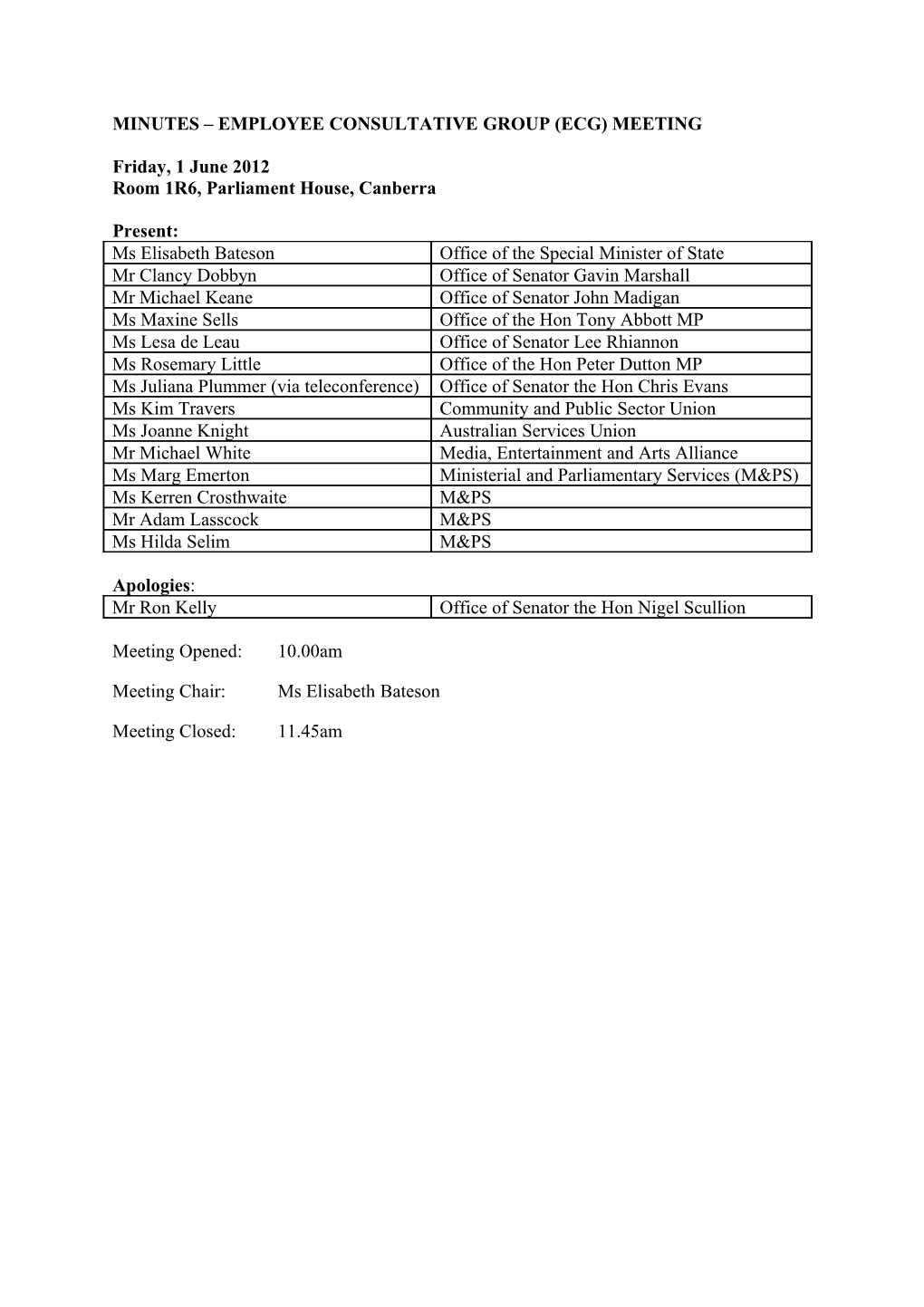 Employee Consultative Group Meeting Minutes 1 June 2012