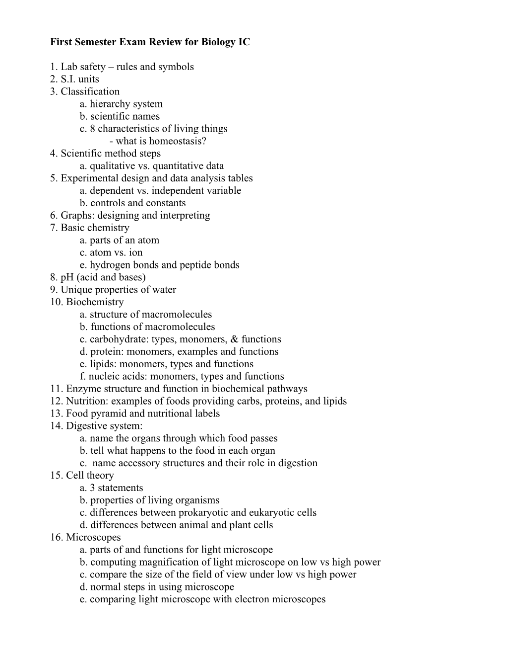 First Semester Exam Review for a Biology