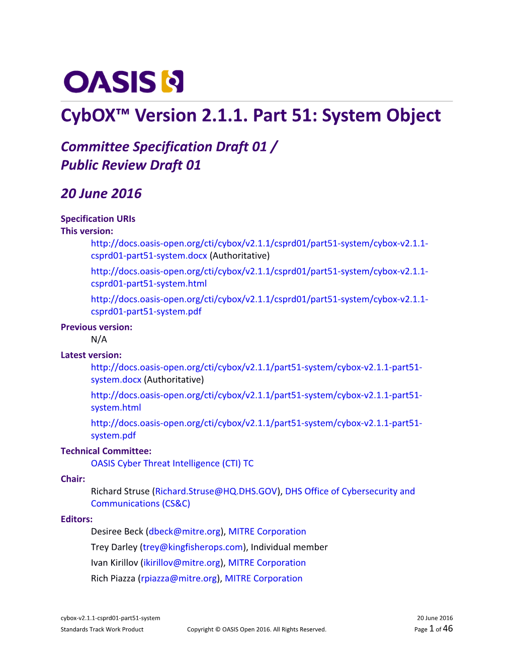 Cybox Version 2.1.1. Part 51: System Object