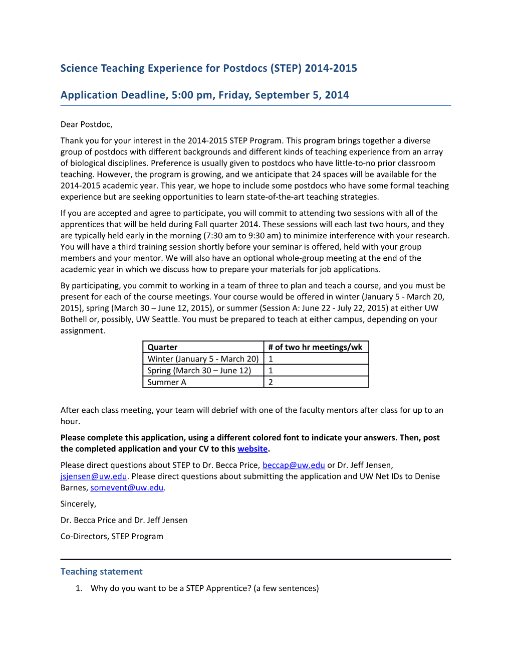 Science Teaching Experience for Postdocs (STEP)2014-2015