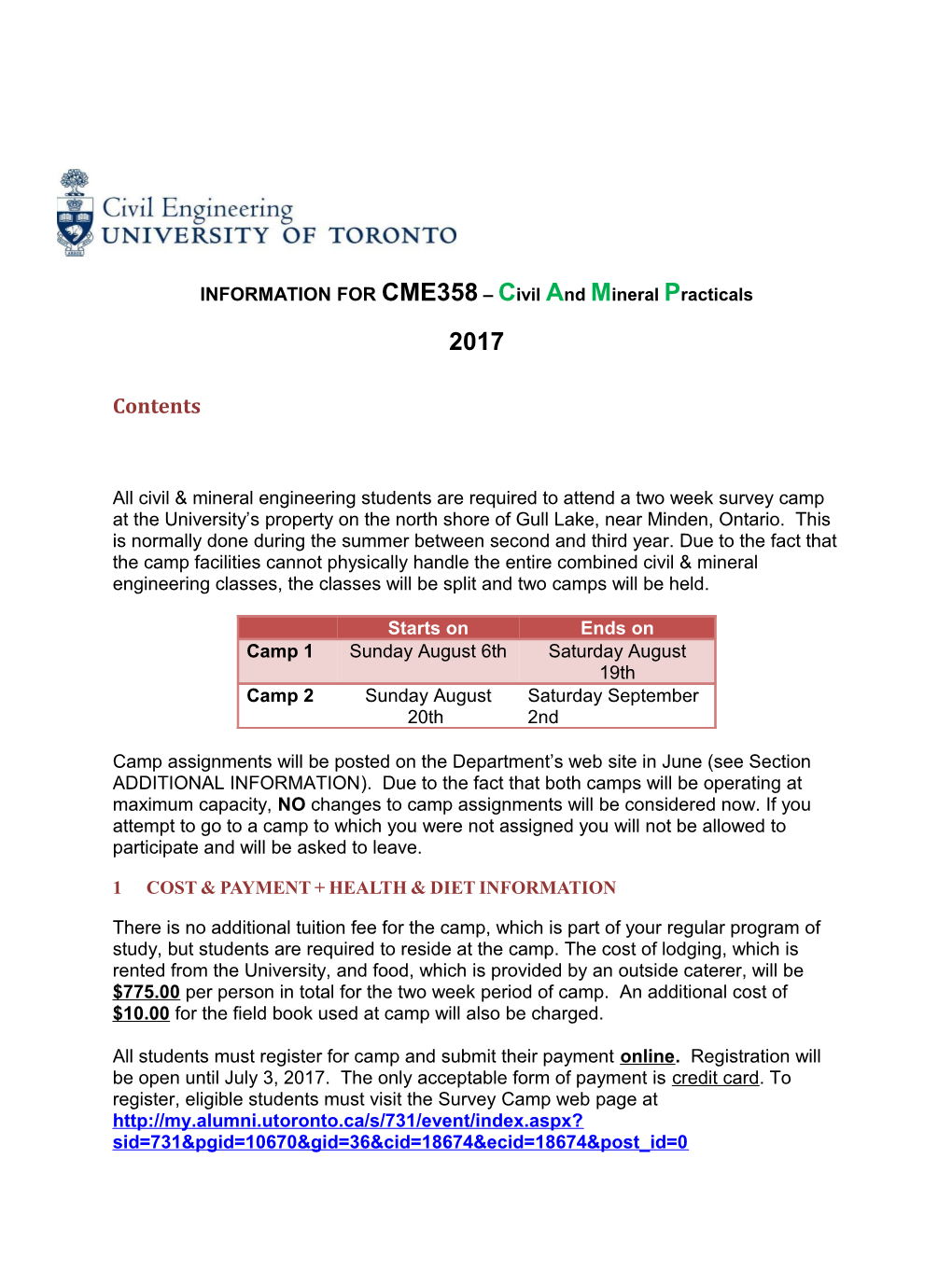 Information for Courses Civ-358F & Min-240F, Survey Camp, 2003