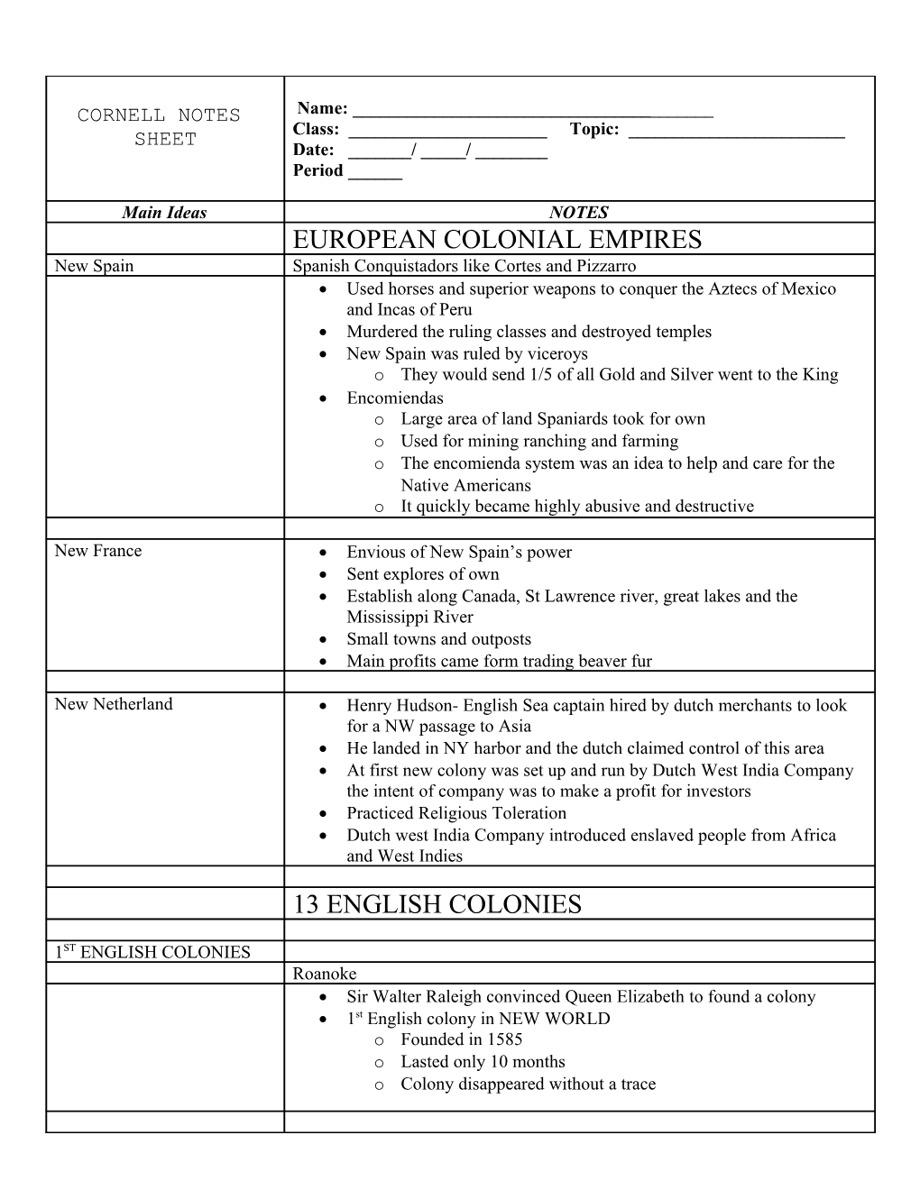 Cornell Notes Sheet