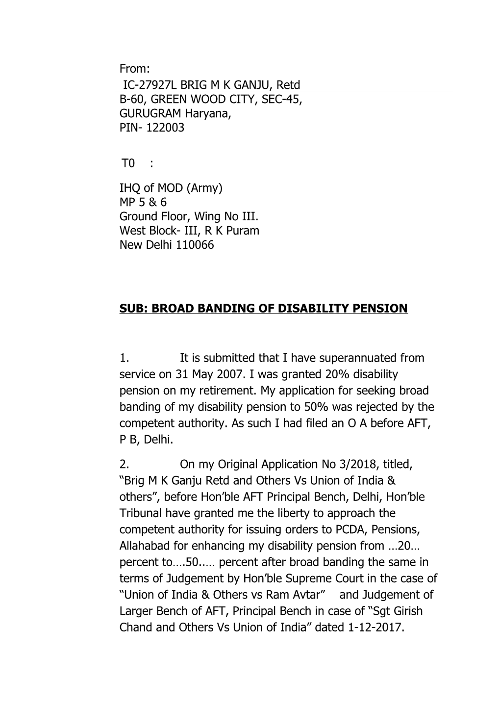 Sub: Broad Banding of Disability Pension