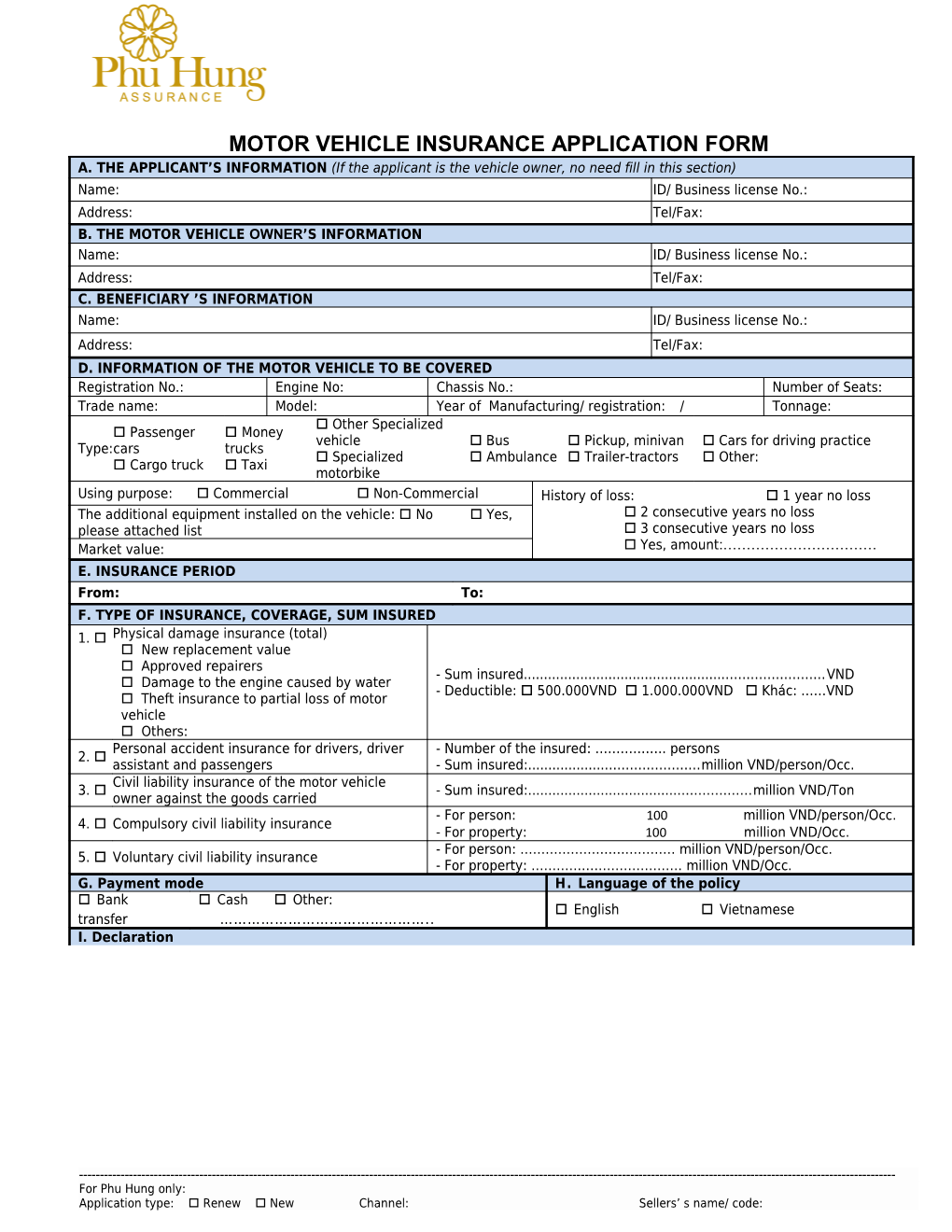 Motor Vehicle Insurance Application Form