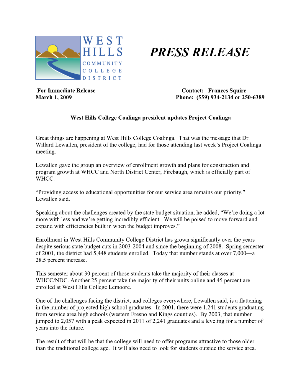 West Hills College Coalinga President Updates Project Coalinga