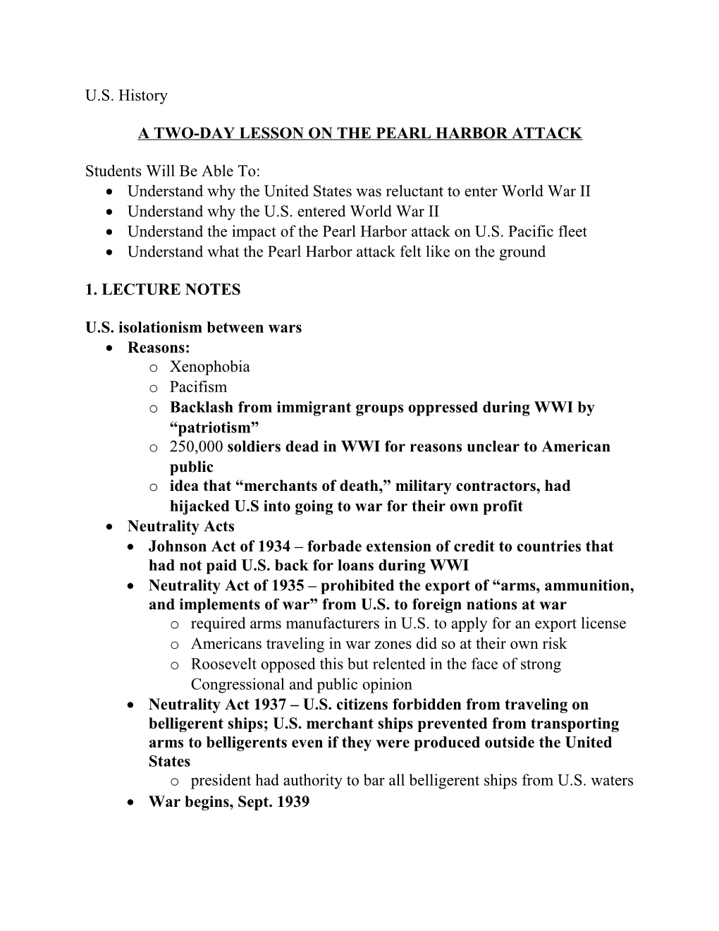 A Two-Day Lesson on the Pearl Harbor Attack