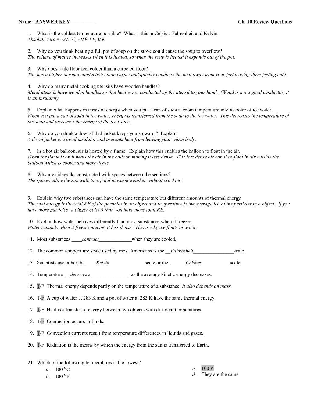 Name: ANSWER KEY______Ch. 10 Review Questions