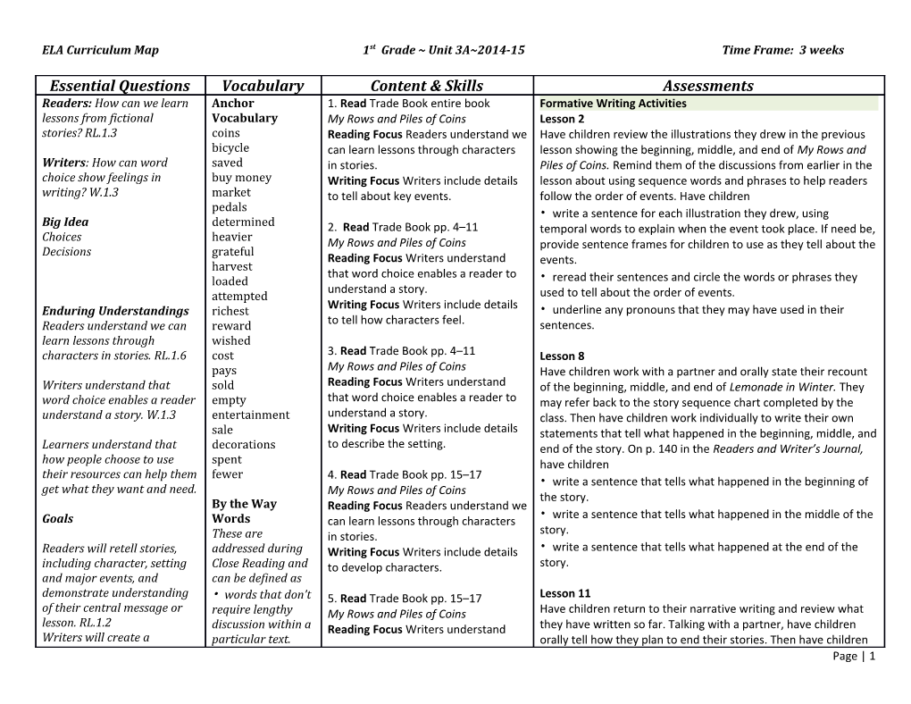 ELA Curriculum Map 1St Grade Unit 3A 2014-15 Time Frame: 3 Weeks