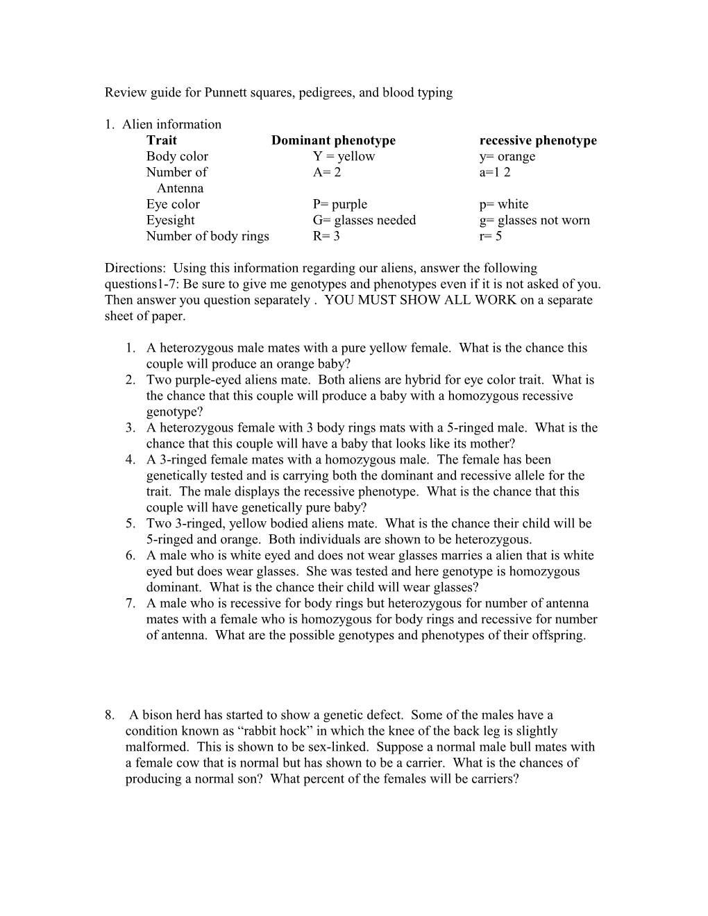 Review Guide for Punnett Squares, Pedigrees, and Blood Typing