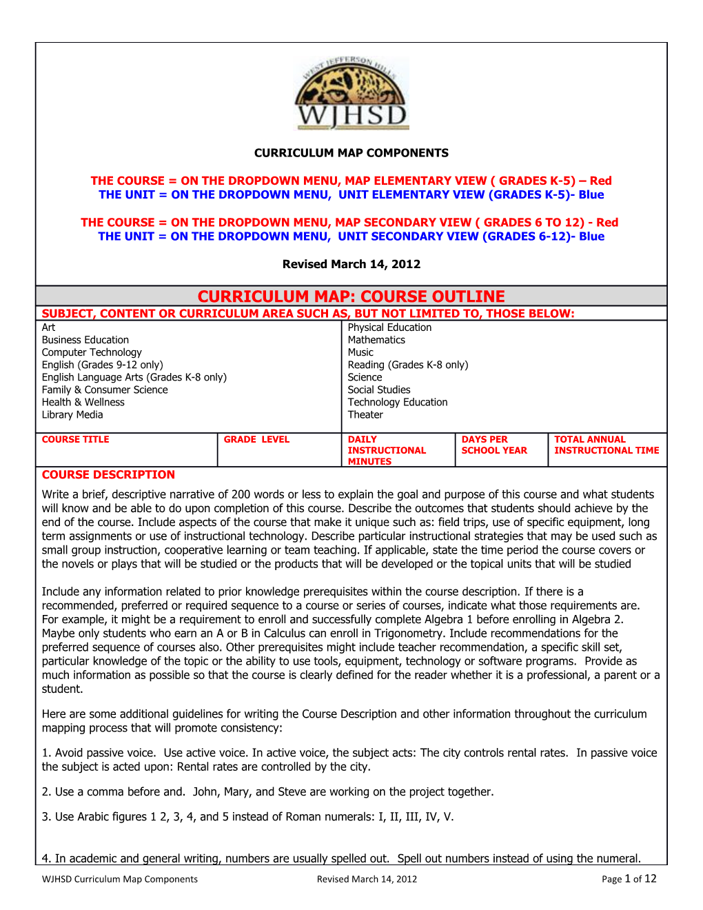 WJHSD Curriculum Map Components Revised March 14, 2012 Page 12 of 12