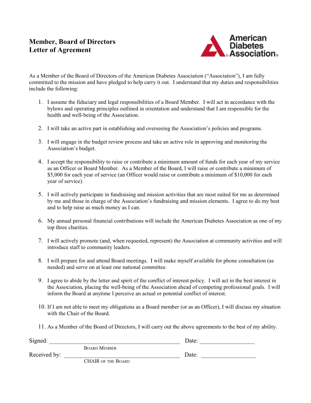 Board Member Letter of Agreement