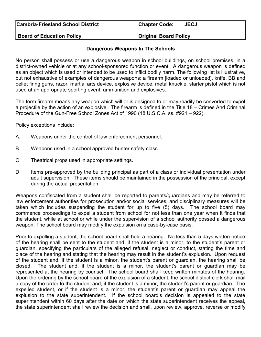 Cambria-Friesland School District Chapter Code