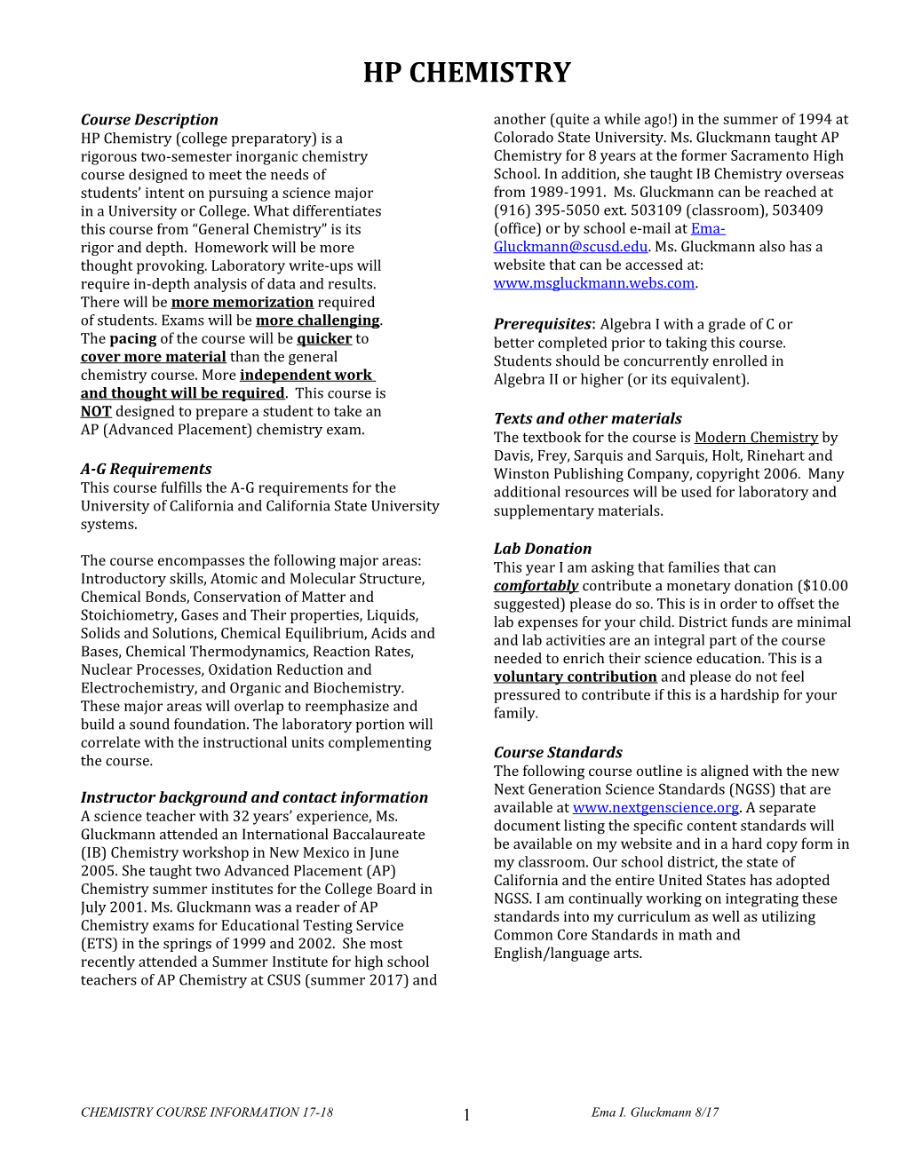 CHEMISTRY COURSE INFORMATION 17-18 Ema I. Gluckmann 8/17