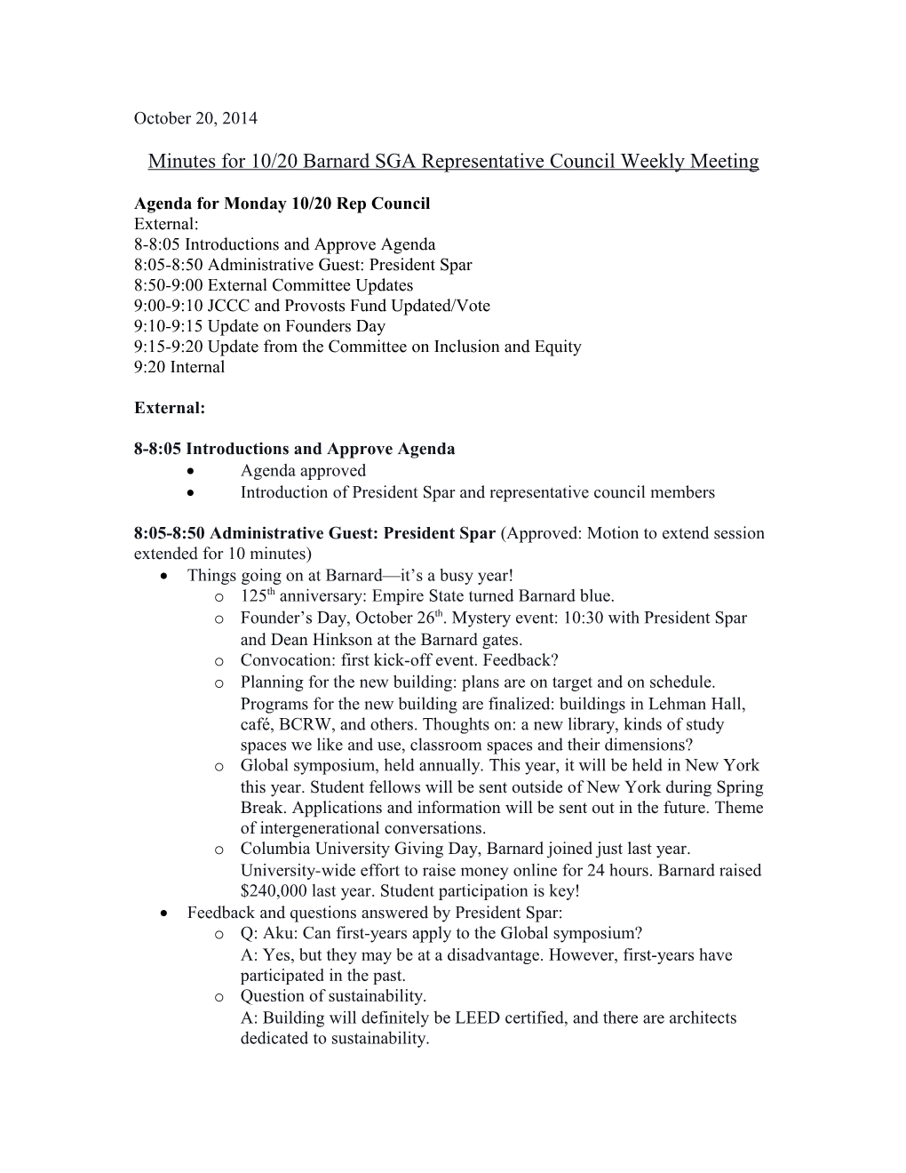 Minutes for 10/20 Barnard SGA Representative Council Weekly Meeting