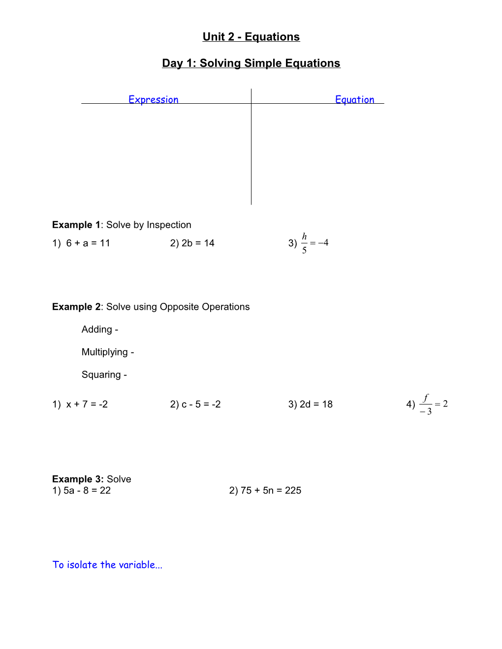 Day 1: Solving Simple Equations