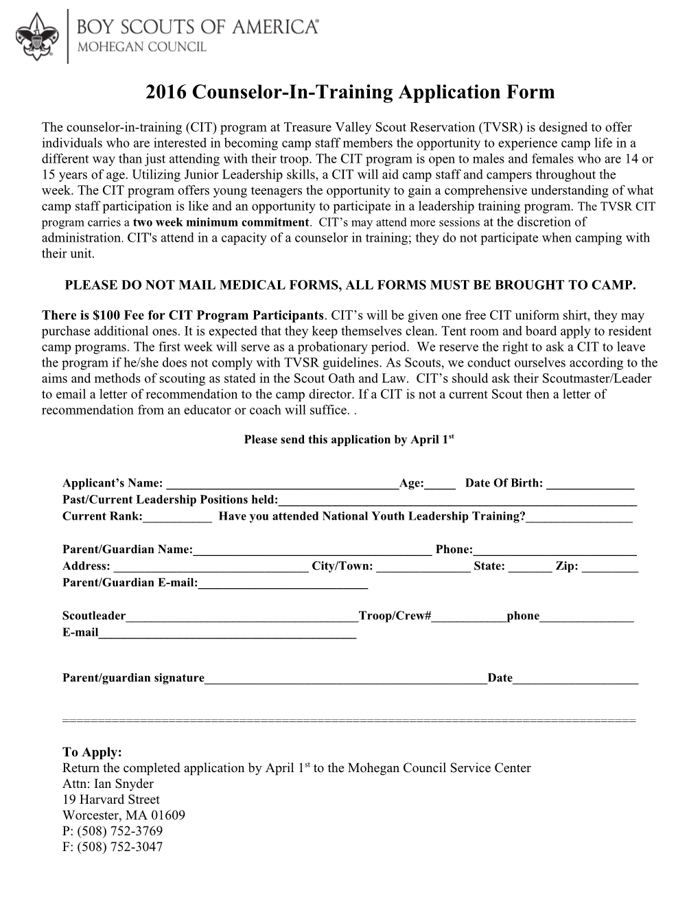 2016 Counselor-In-Training Application Form