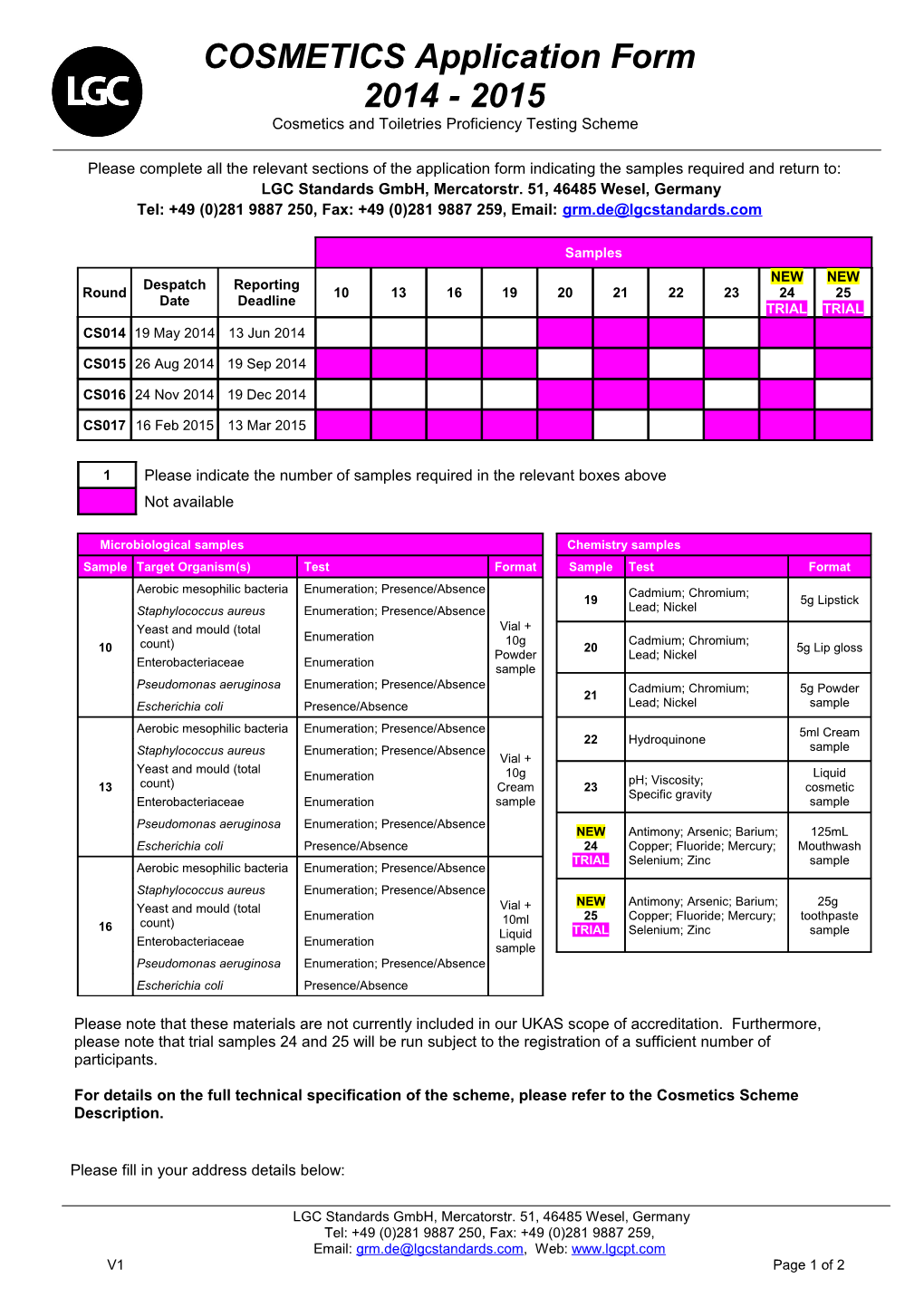 Please Complete All Sections Below and Return to LGC Standards Proficiency Testing by Email