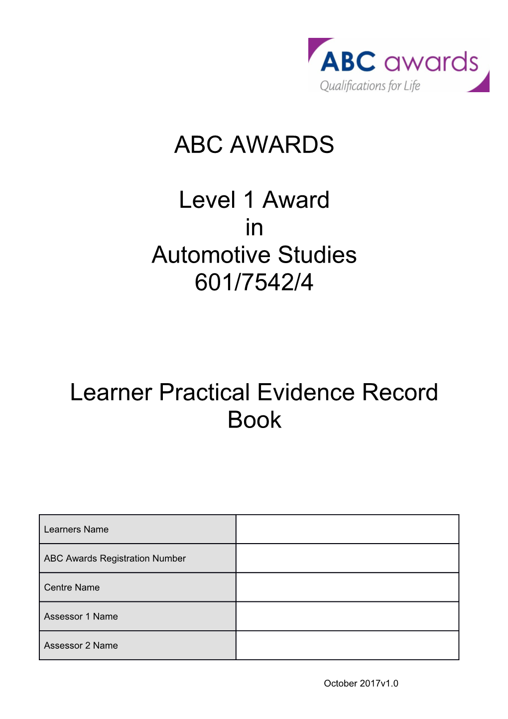 Learner Practical Evidence Record Book