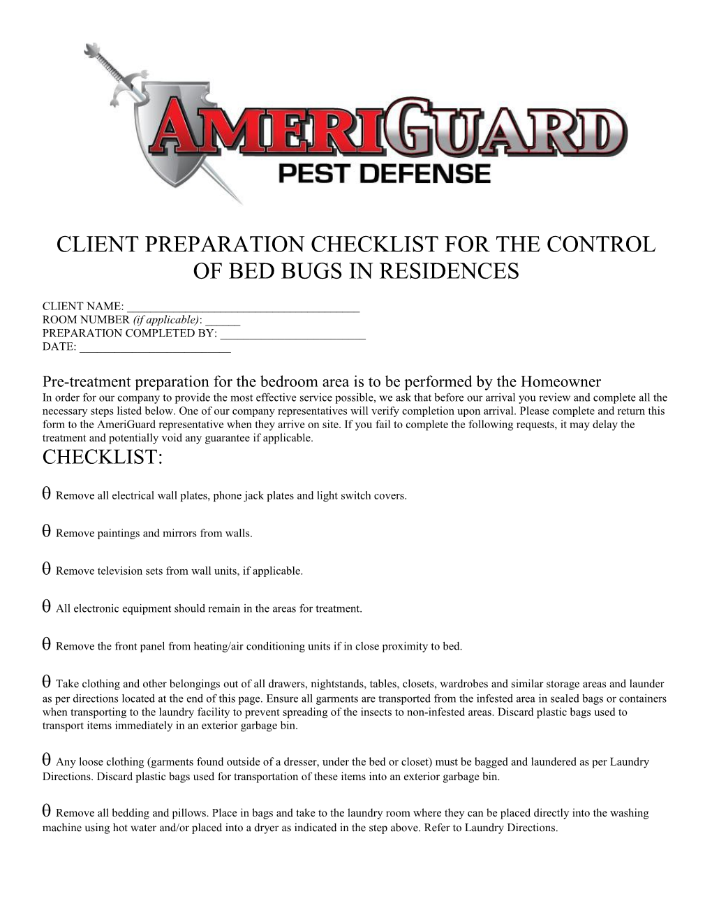 Client Preparation Checklist for the Control of Bed Bugs in Residences